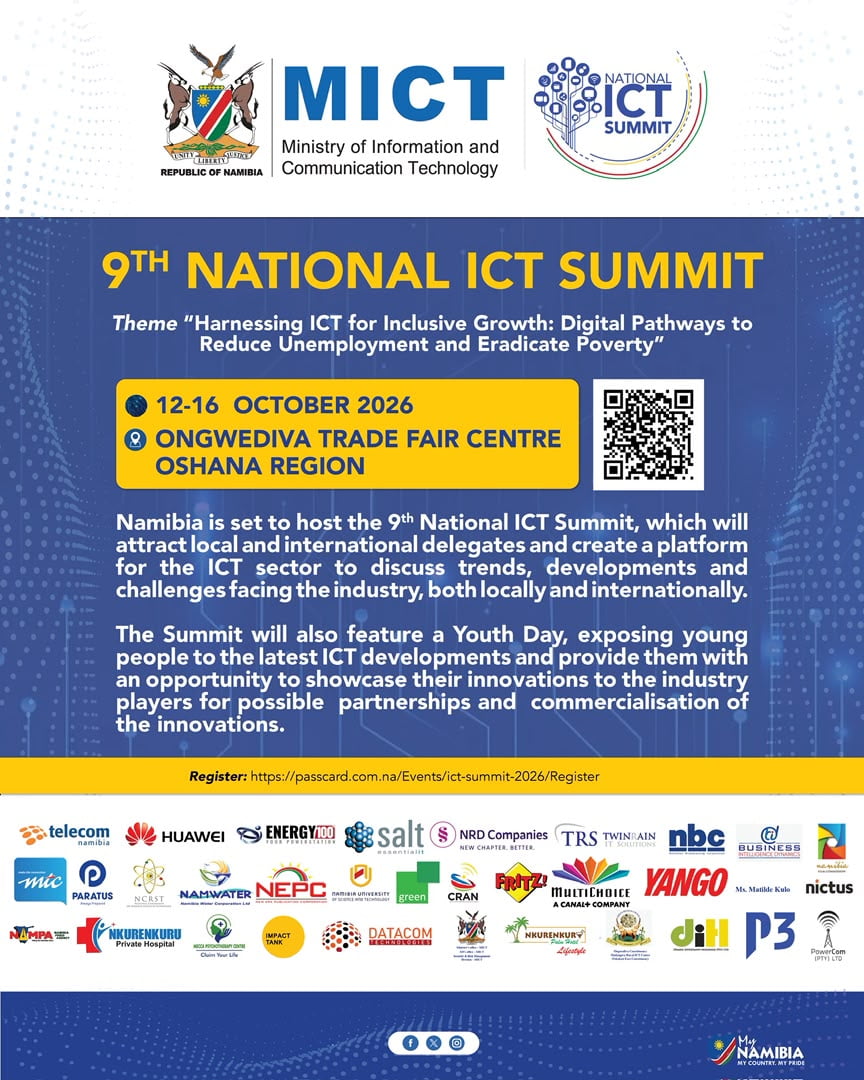 Poster for the 9th National ICT Summit, 12 to 16 October 2026, Ongwediva Trade Fair Centre, Oshana Region. Theme: Harnessing ICT for Inclusive Growth: Digital Pathways to Reduce Unemployment and Eradicate Poverty. The summit includes a Youth Day for young people to showcase their innovations. Register at passcard.com.na.