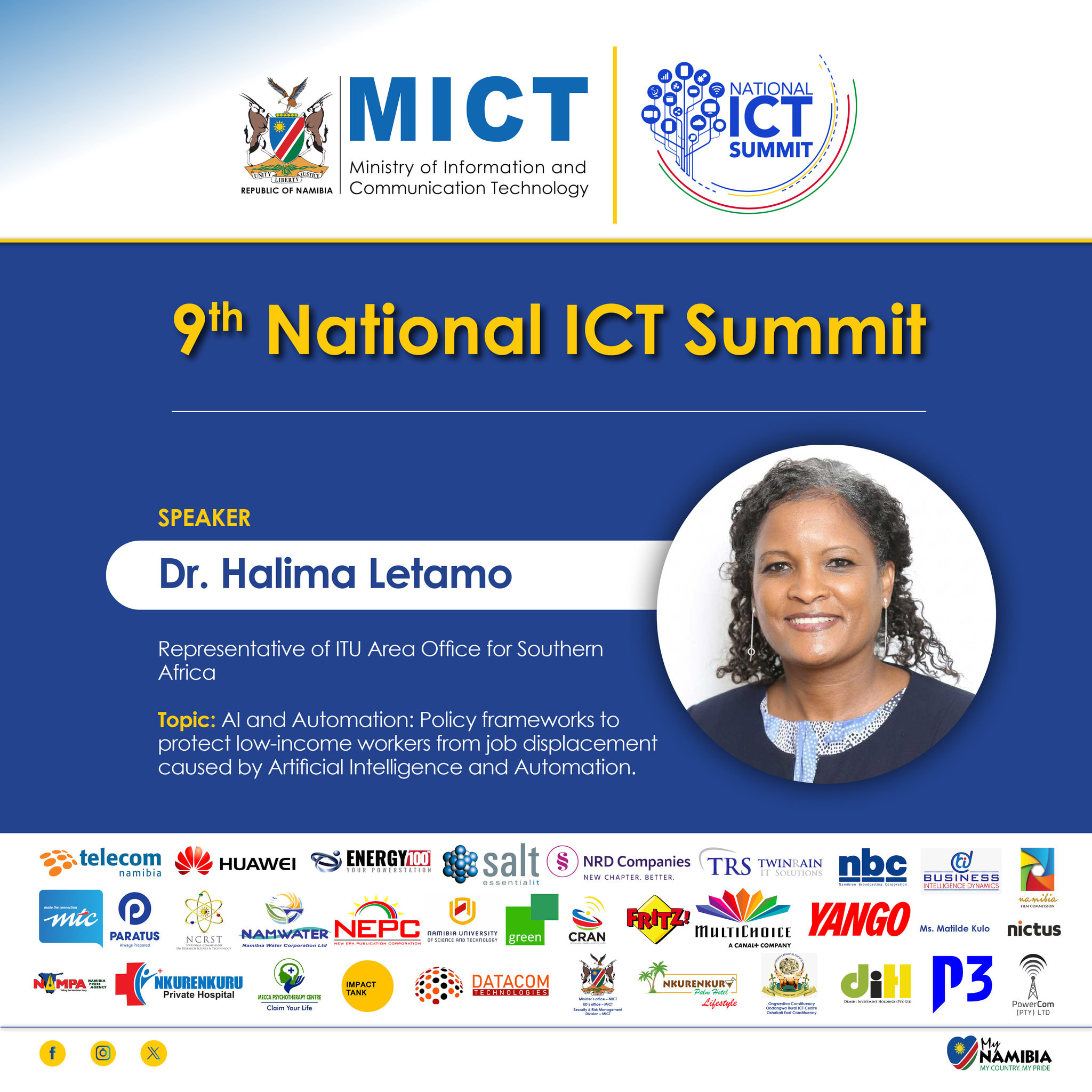 Dr. Halima Letamo, Speaker. Representative of ITU Area Office for Southern Africa. Topic: AI and Automation: Policy frameworks to protect low-income workers from job displacement caused by Artificial Intelligence and Automation