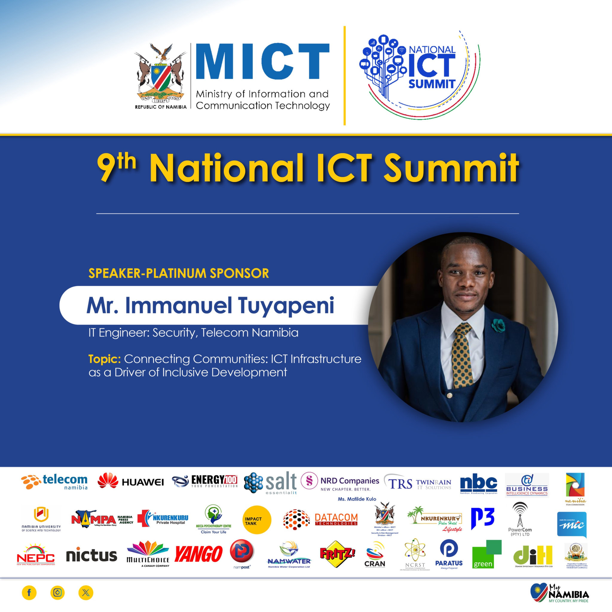 Mr. Immanuel Tuyapeni, Speaker, Platinum Sponsor. IT Engineer: Security, Telecom Namibia. Topic: Connecting Communities: ICT Infrastructure as a Driver of Inclusive Development