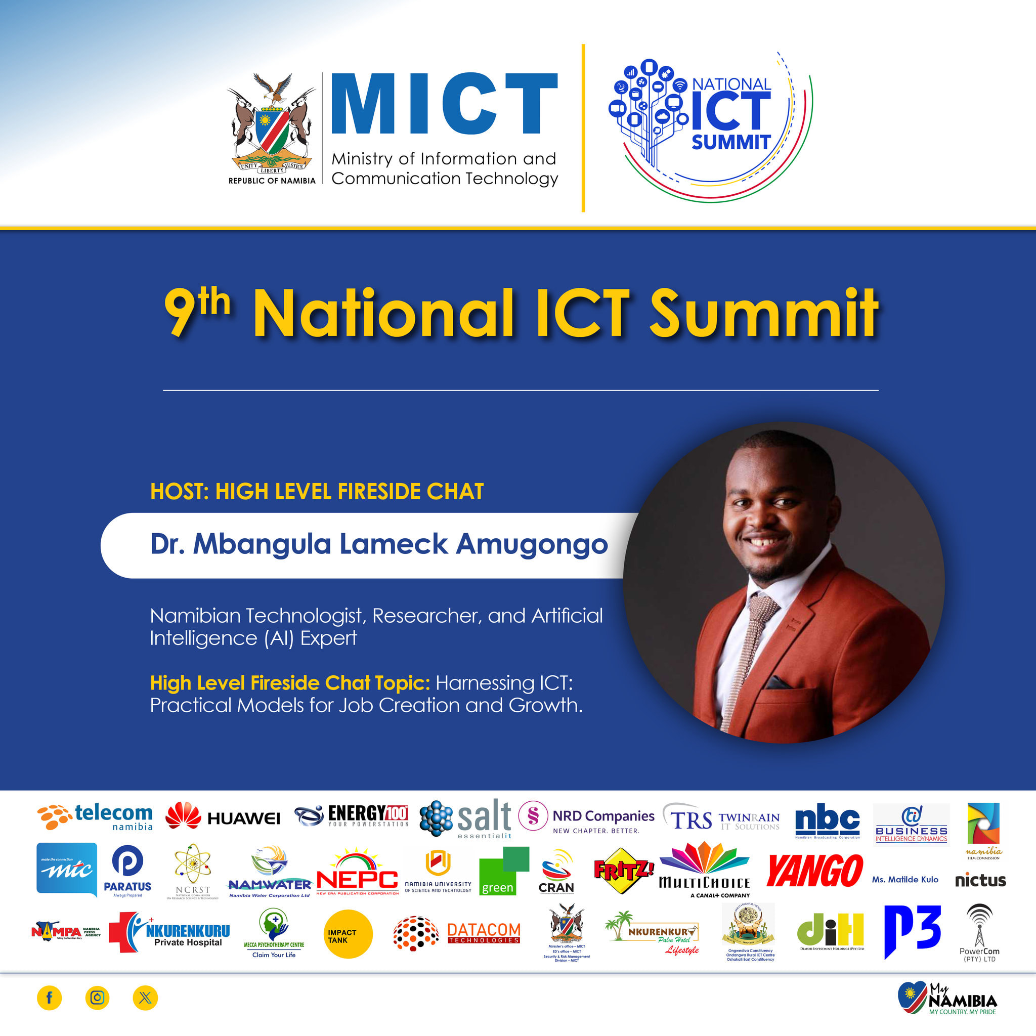 Dr. Mbangula Lameck Amugongo, Host, High Level Fireside Chat. Namibian Technologist, Researcher, and Artificial Intelligence (AI) Expert. High Level Fireside Chat topic: Harnessing ICT: Practical Models for Job Creation and Growth