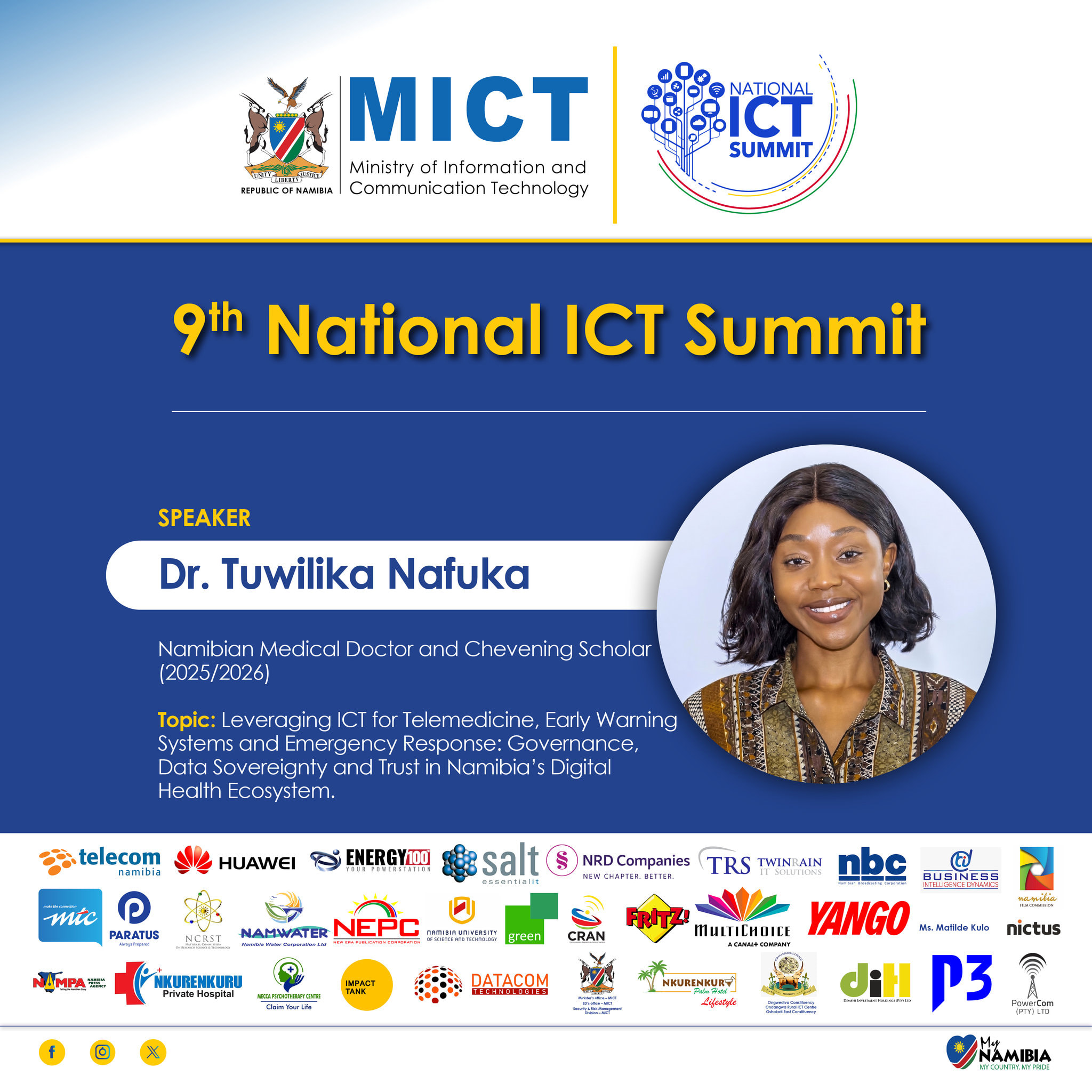 Dr. Tuwilika Nafuka, Speaker. Namibian Medical Doctor and Chevening Scholar (2025/2026). Topic: Leveraging ICT for Telemedicine, Early Warning Systems and Emergency Response: Governance, Data Sovereignty and Trust in Namibia’s Digital Health Ecosystem